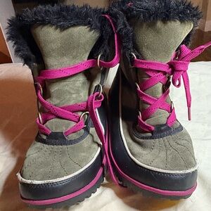 Sorel Black and Olive Boots with Pink Accents
